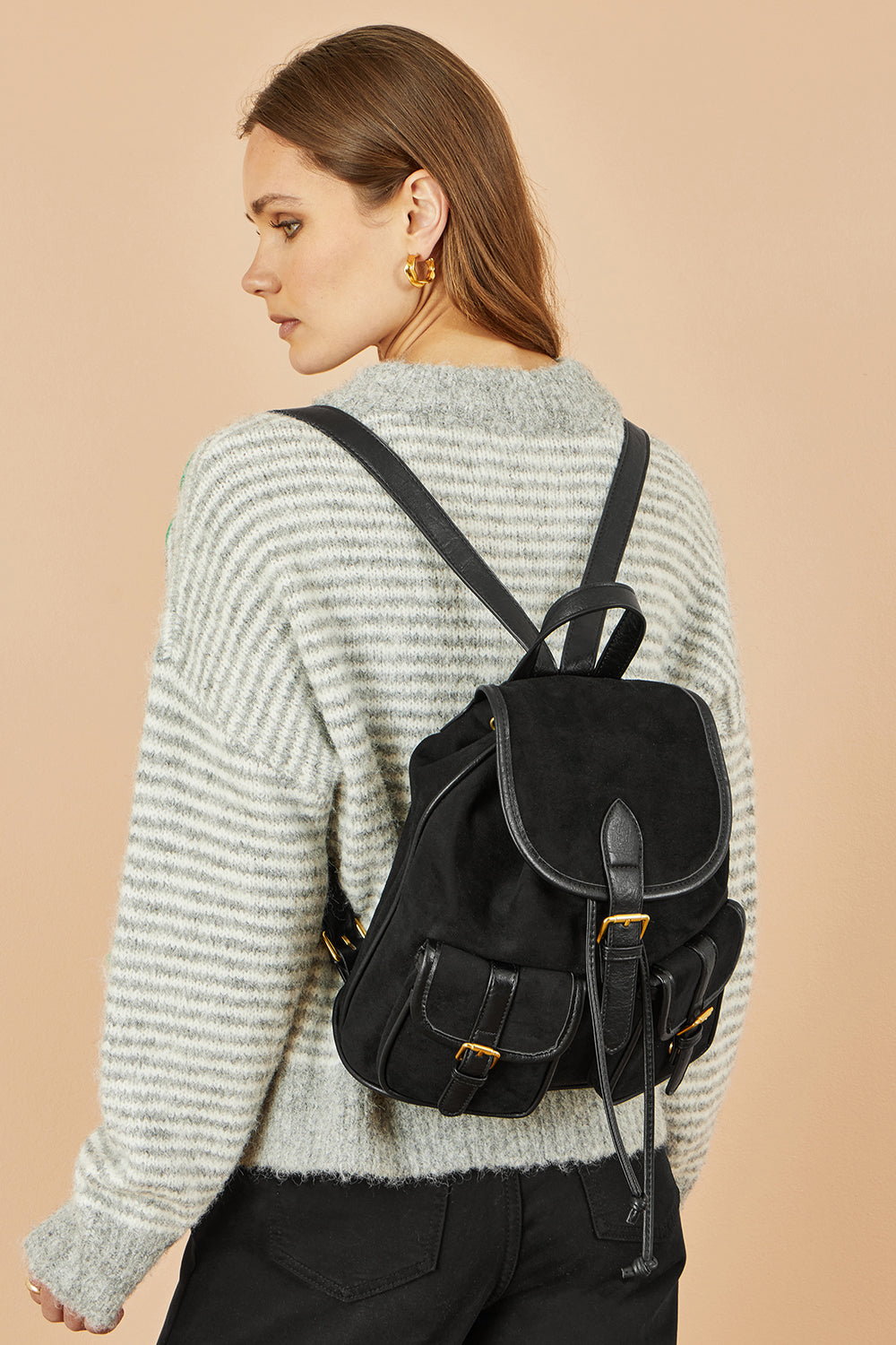 black faux suede mini backpack Yumi Black Faux Suede Pocket Rucksack
