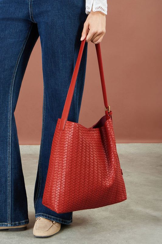 Yumi Red Woven Shoulder Bag With Detachable Inside Purse ACC BAGS Yumi