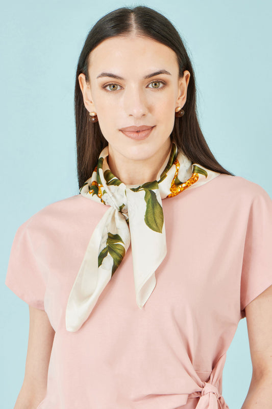 Yumi Ivory100% Silk Botanical Rose Print Scarf