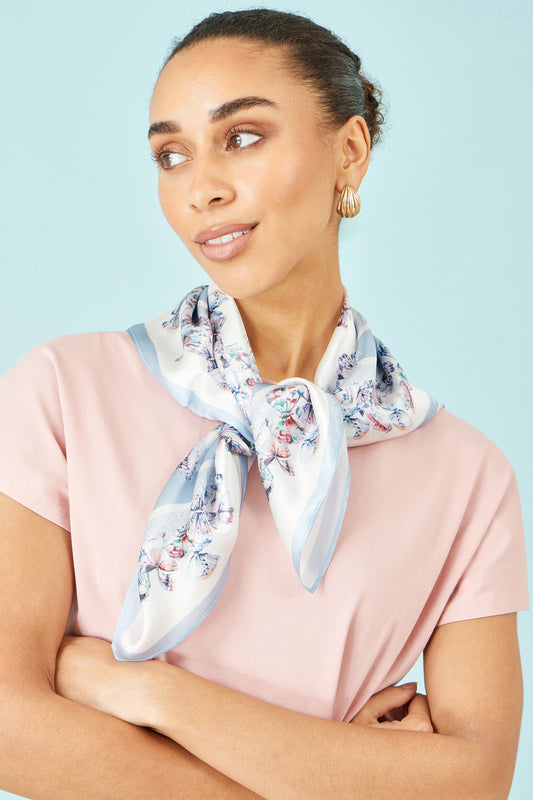 Yumi Blue 100% Silk Butterfly Placement Silk Scarf