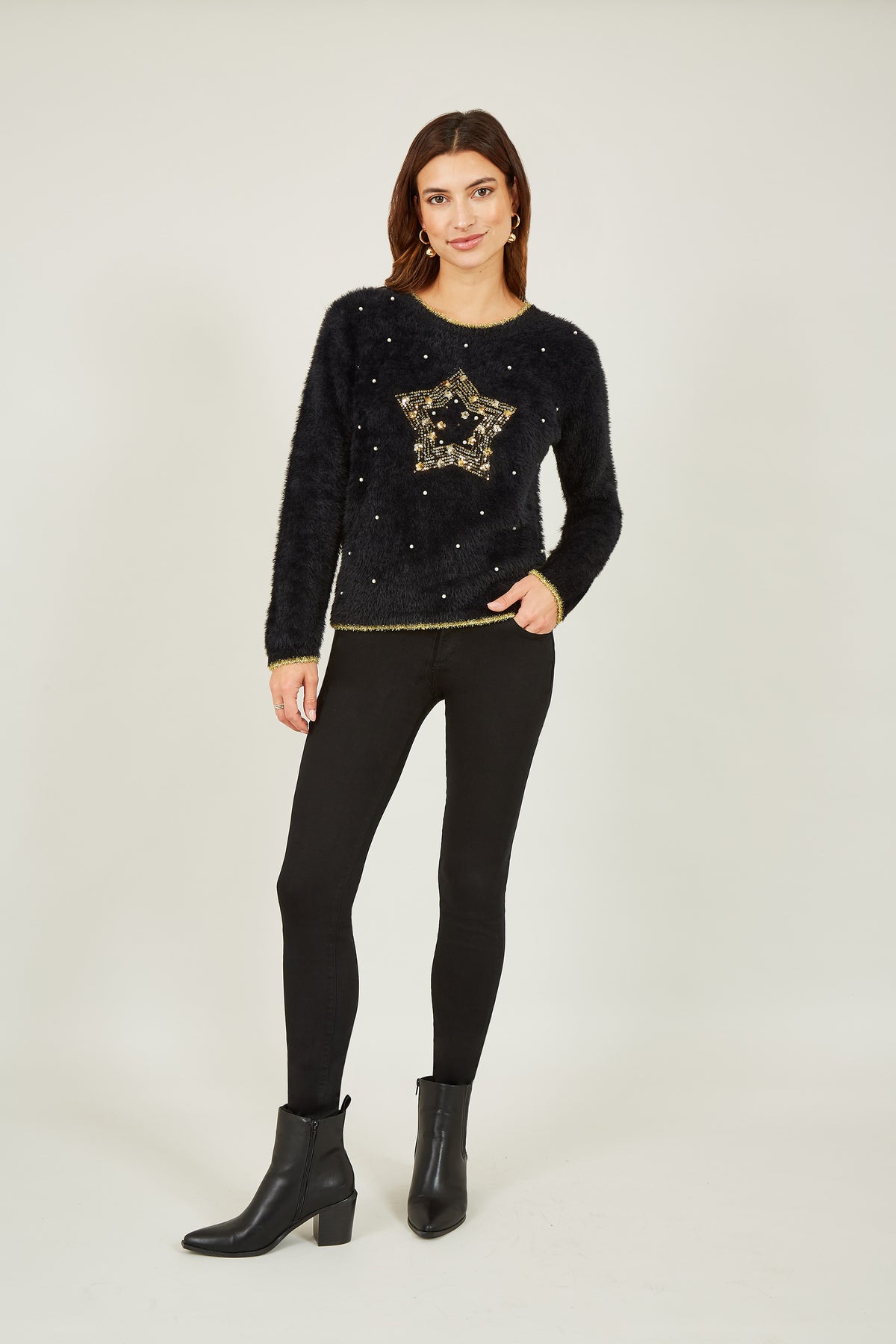 Yumi Black Fluffy Star Christmas Jumper Knit Xmas Jumper Yumi