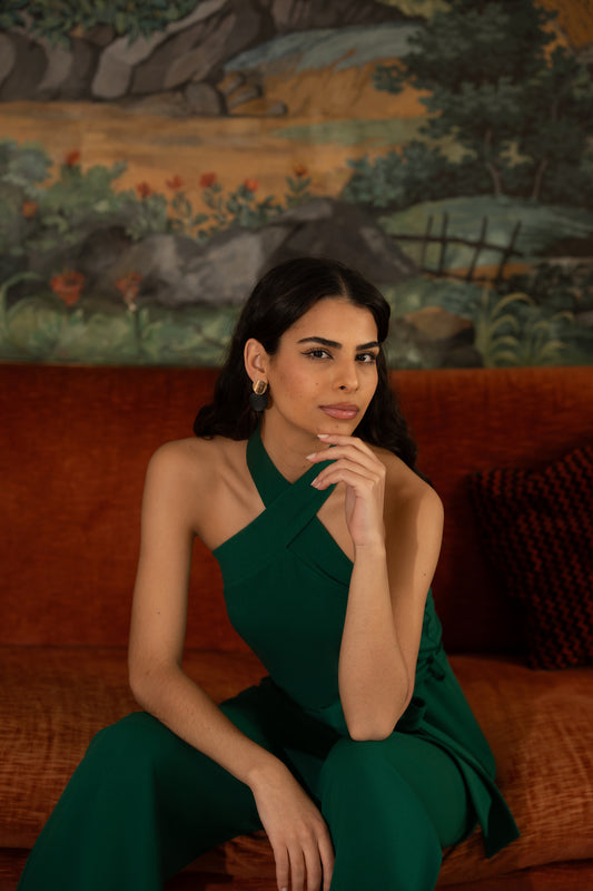 Yumi Green Cross Over Halter Neck Jumpsuit JUMPSUIT Yumi