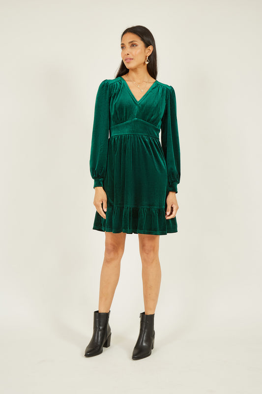 Yumi Green Velvet Long Sleeve Skater Dress Dress Party Yumi
