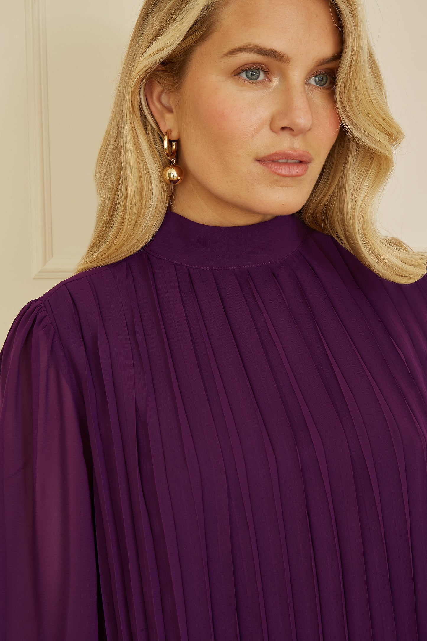 Yumi Plum Pleated Long Sleeve Top With High Neck Top Yumi
