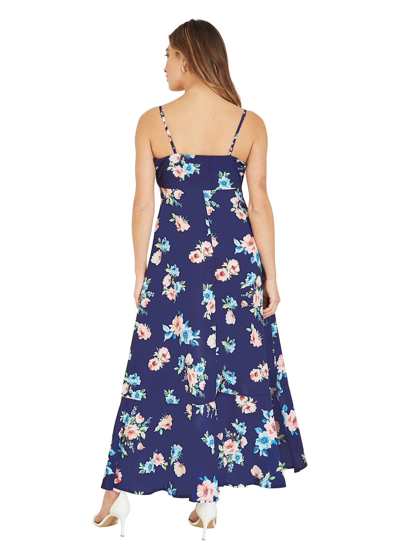 Mela Navy Floral High Low Frill Midi Dress Mela