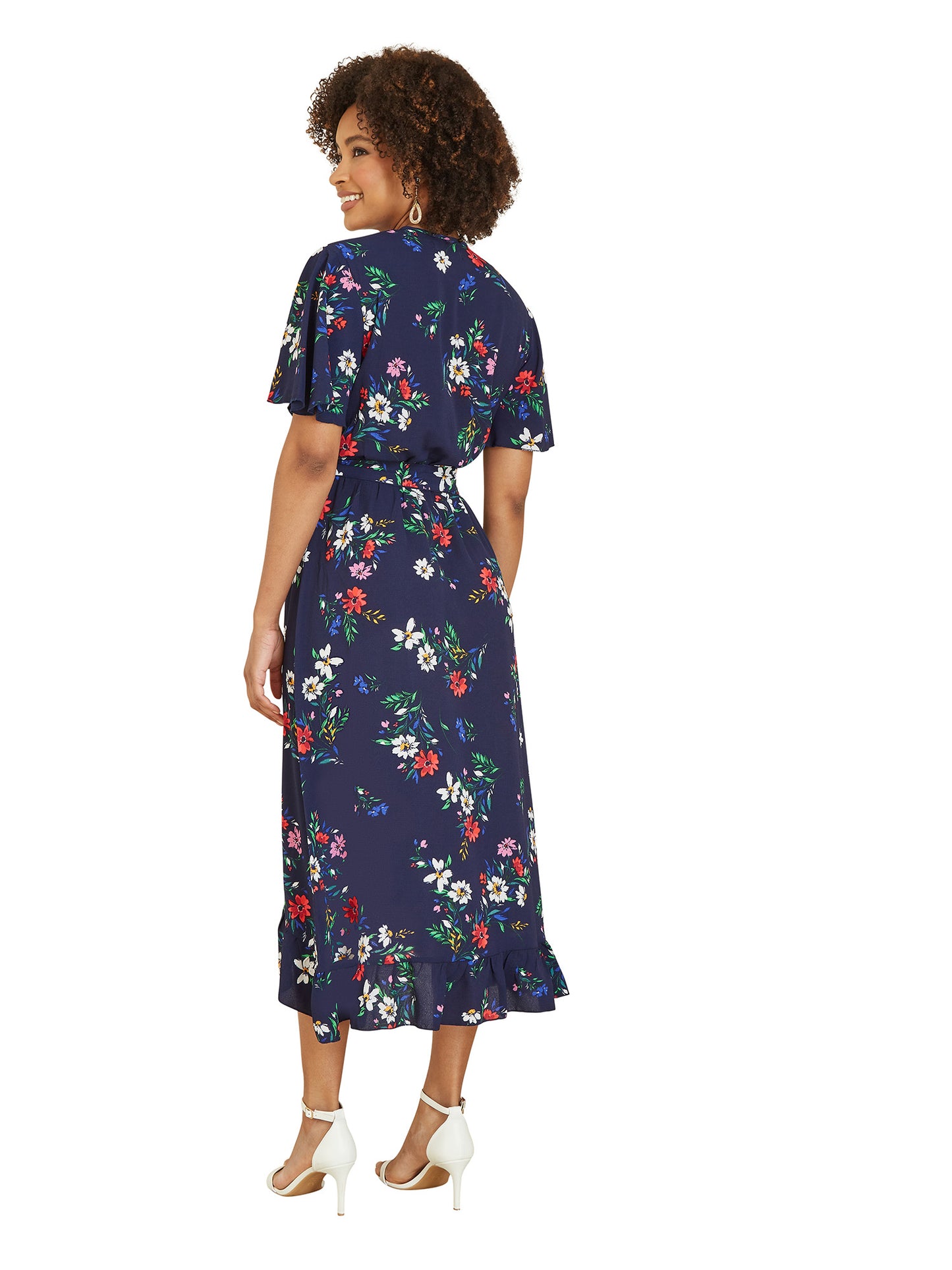 Mela Navy Floral Wrap Dress With Frill Hem Mela