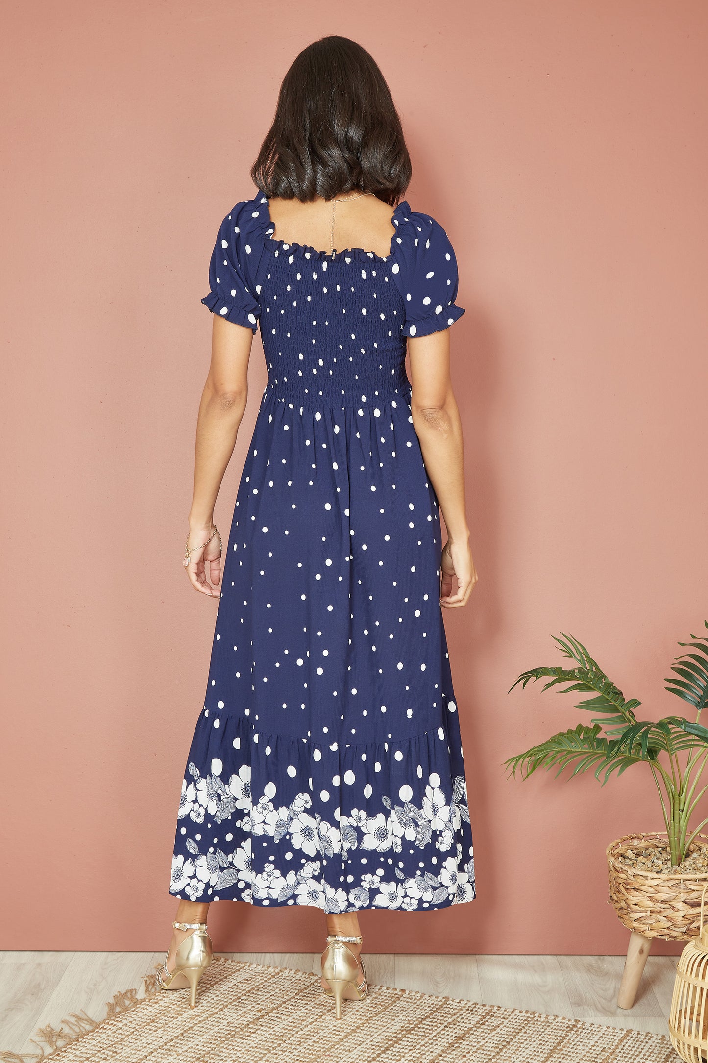 Yumi Navy Spot And Floral Print Border Ruched Midi Dress DRES Day Yumi