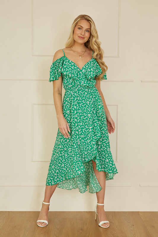 Yumi Green Ditsy Print Bardot Midi Dress With Dip Hem DRES Day Yumi