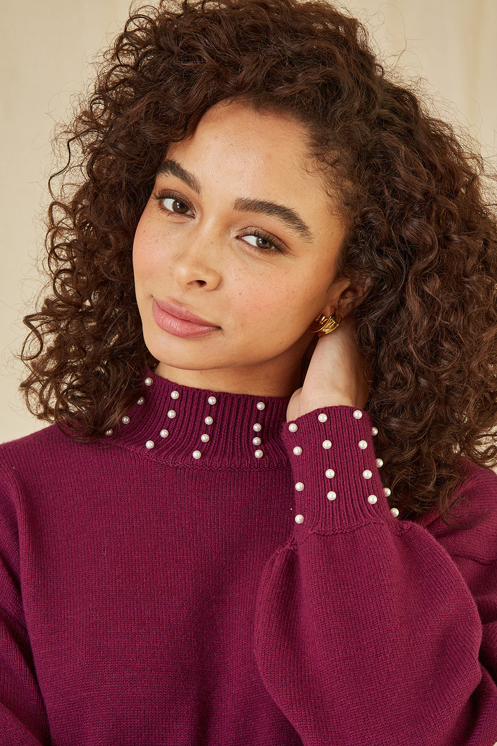 Yumi Plum Pearl Detail Knitted Relaxed Jumper Dress Knit Dress Yumi