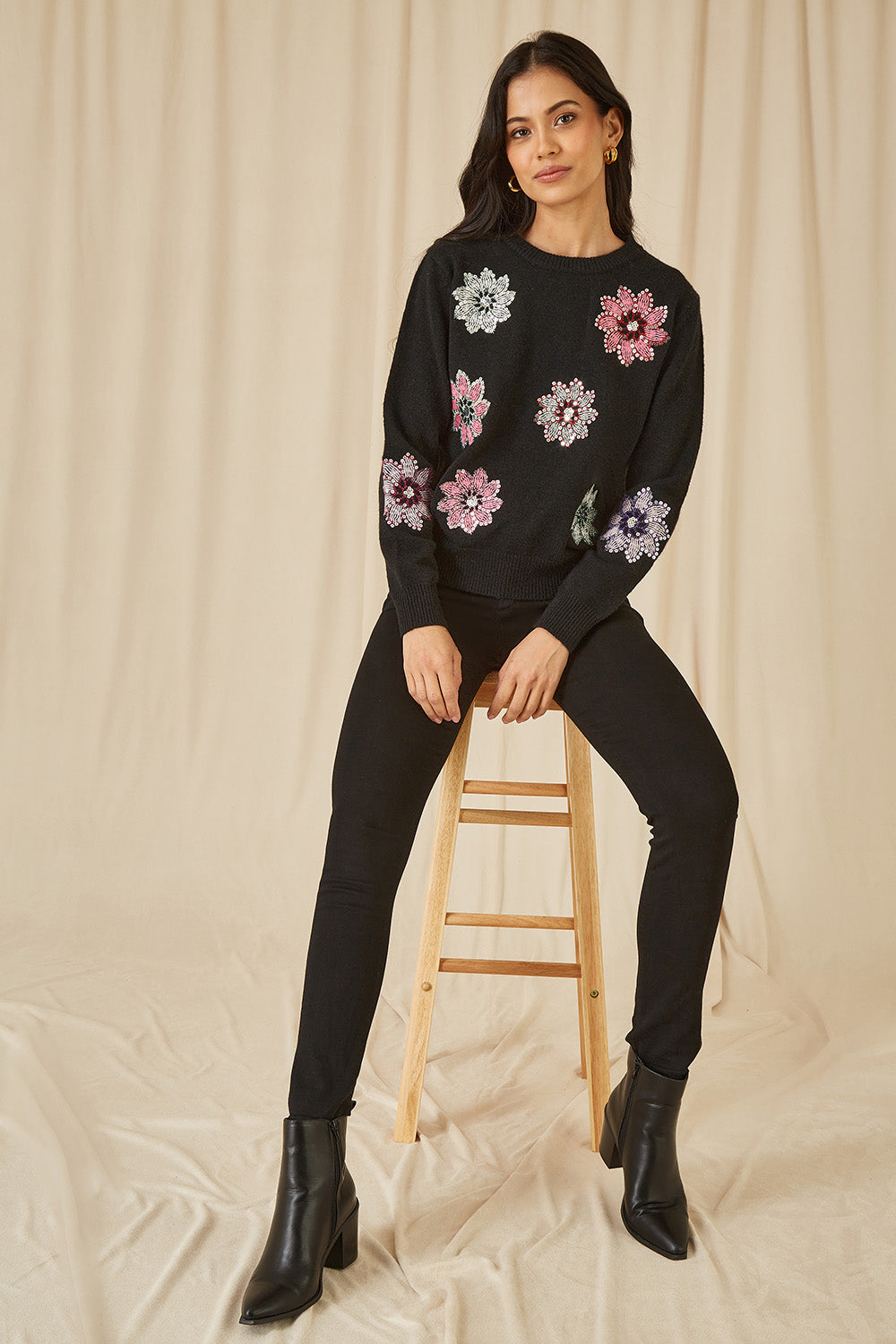 Mela Black Sequin Flower Jumper | Mela – Yumi