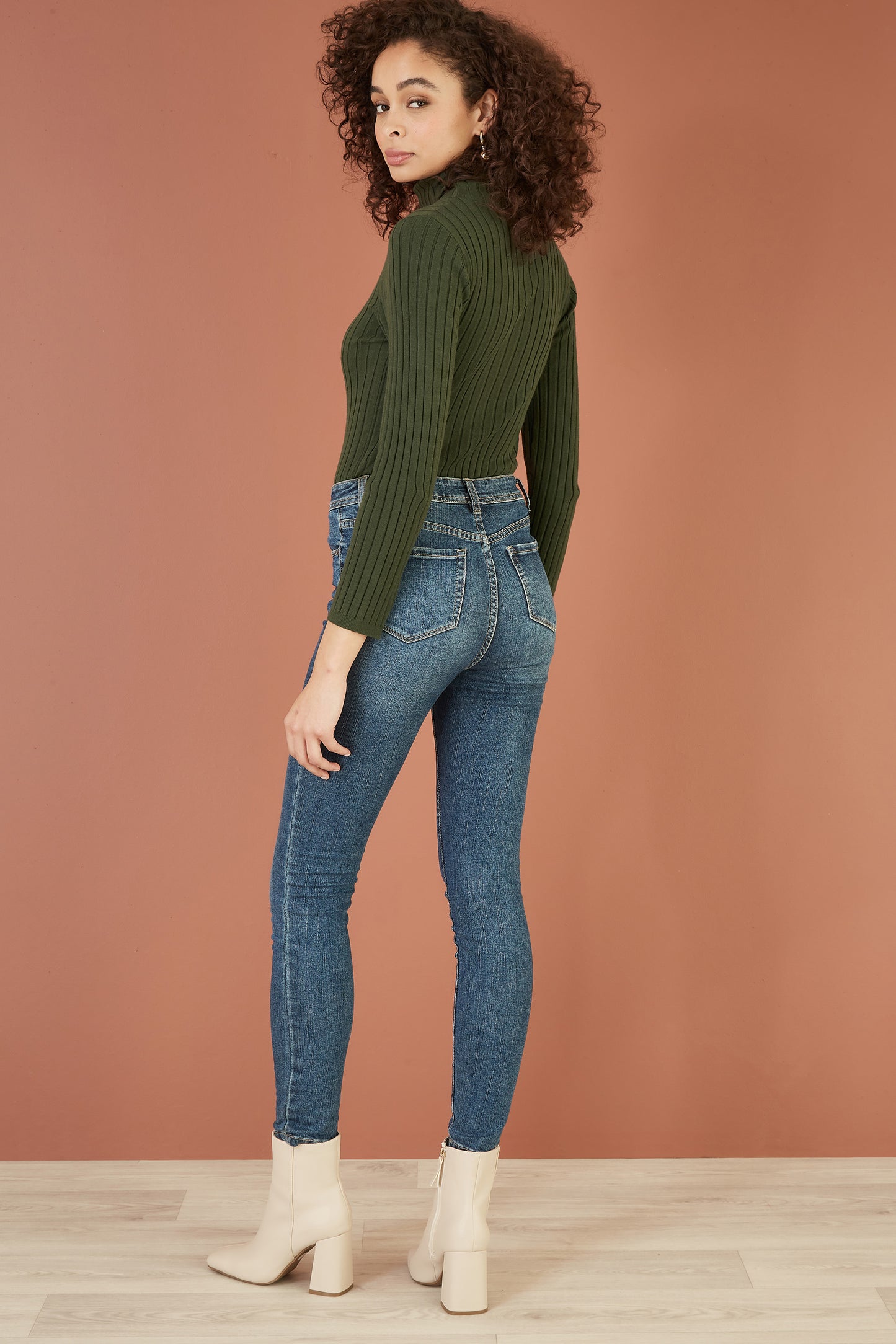 Yumi Green Ribbed Knit Roll Neck Jumper Knit Jumper Yumi
