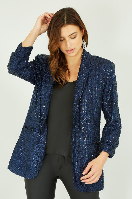 Yumi Navy Sequin Blazer With Pockets