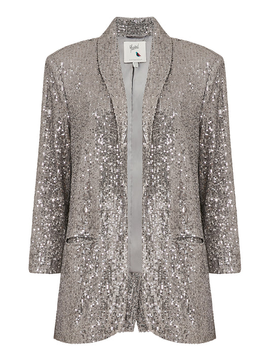 Silver Sequin Blazer With Pockets Yumi
