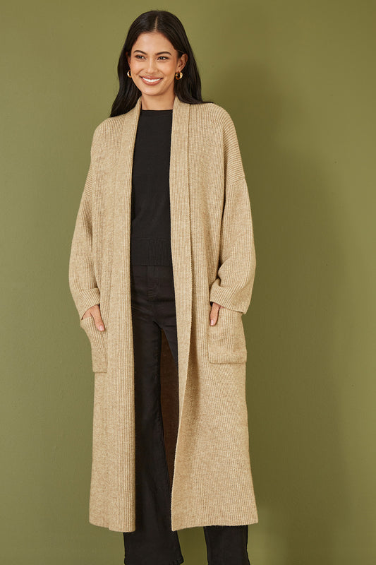 Yumi Oatmeal Knitted Maxi Cardigan With Pockets Yumi