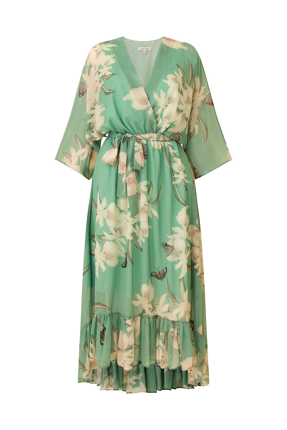 Mint Floral Kimono Sleeves Dip Hem Wrap Midi Dress Yumi