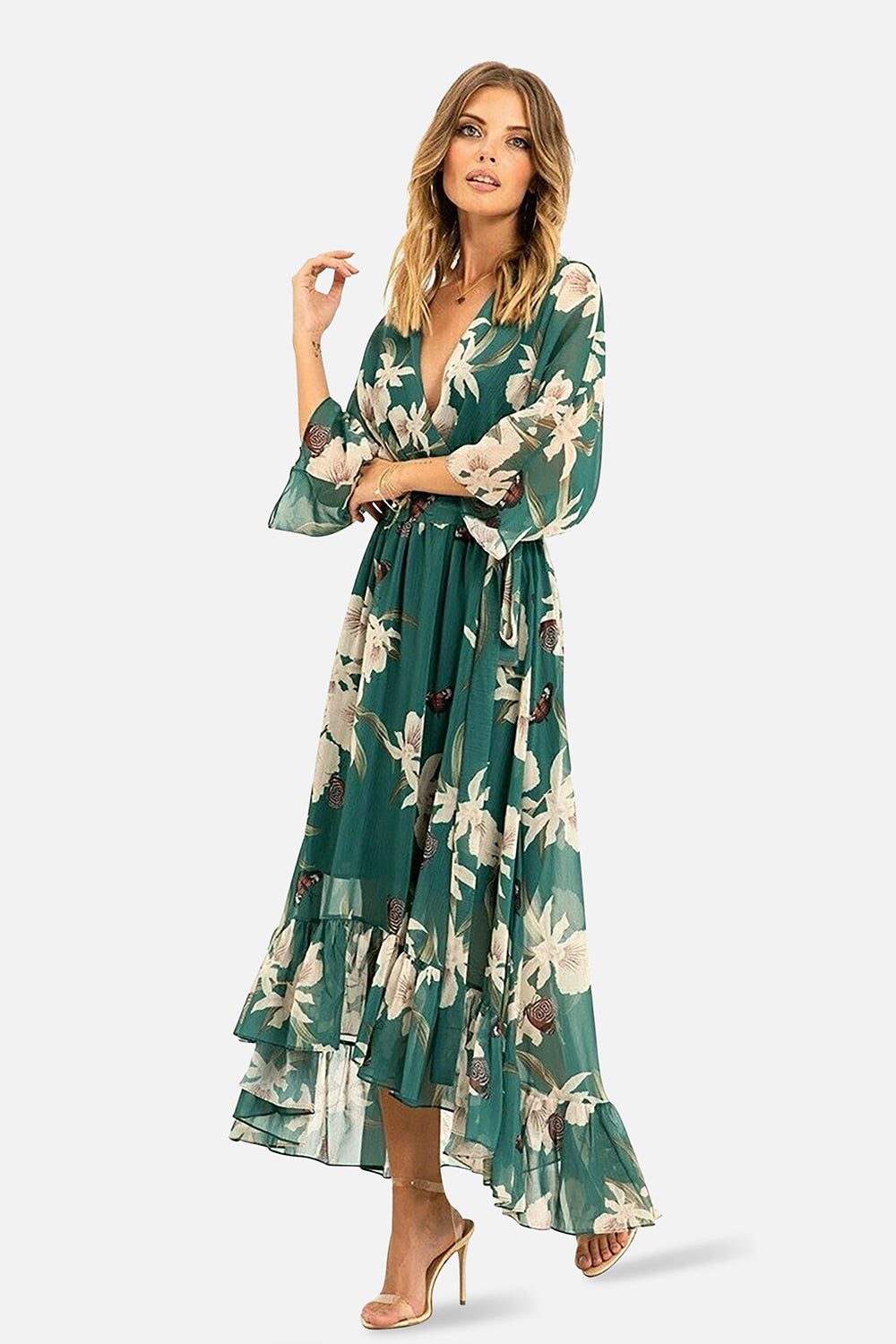 Green Floral Kimono Sleeves Dip Hem Wrap Midi Dress Yumi Green Floral Kimono Sleeves Dip Hem Wrap Midi Dress Yumi