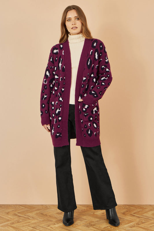 Yumi Burgundy Animal Intarsia Long Cardigan Knit Cardigan Yumi