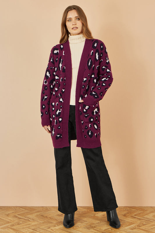 Yumi Burgundy Animal Intarsia Long Cardigan Knit Cardigan Yumi