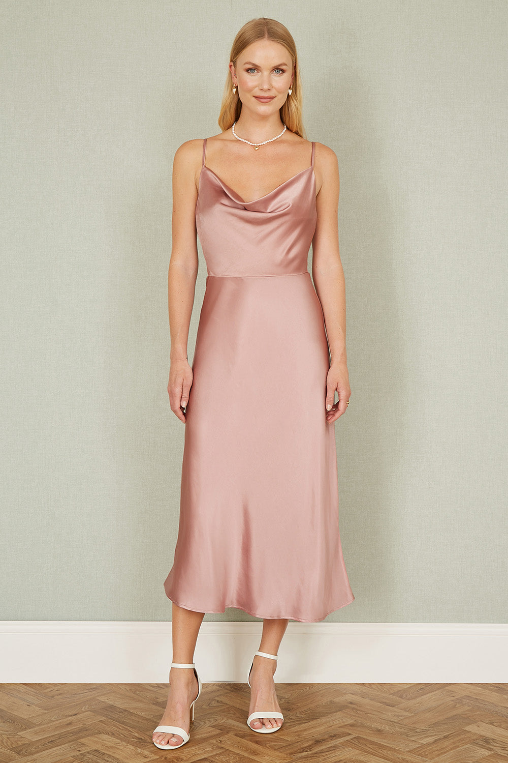 rose strappy satin cowl midi dress Yumi Rose Pink Satin Cowl Neck Midi Slip Dress