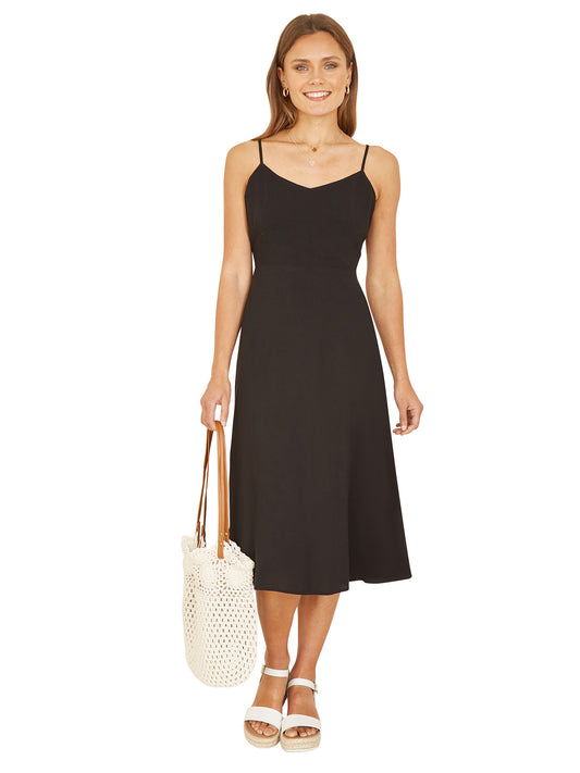 Yumi Black Viscose Tie Back Midi Sun Dress Yumi
