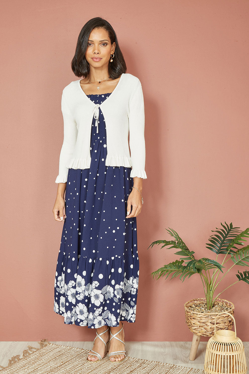 Yumi Ivory Tie Up Ribbed Cardigan With Frill Hem | Yumi