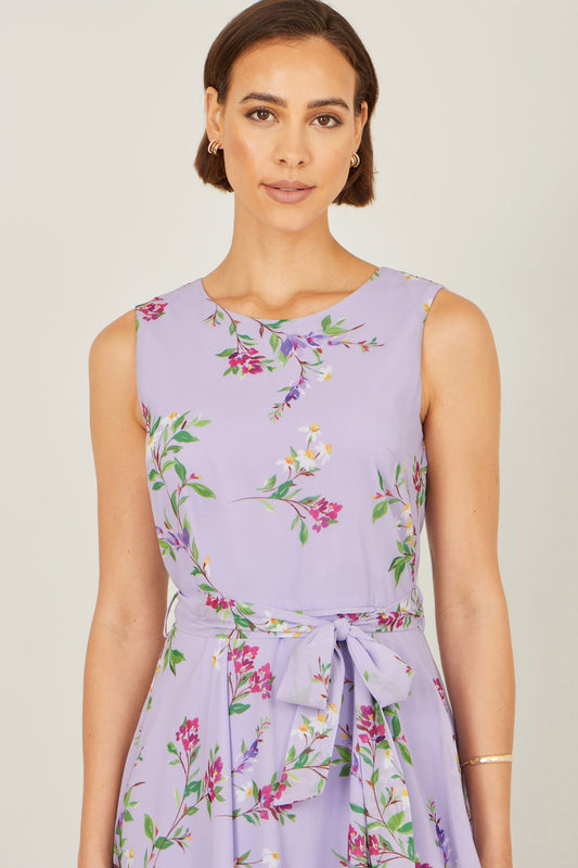 Yumi Lilac Floral Print Midi Skater Dress