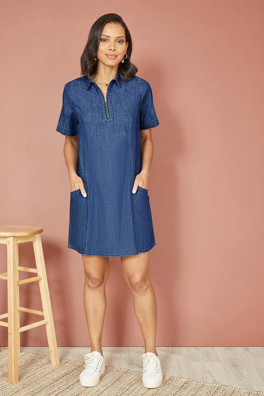 Yumi Blue Cotton Chambray Tunic With Zip Neckline Yumi