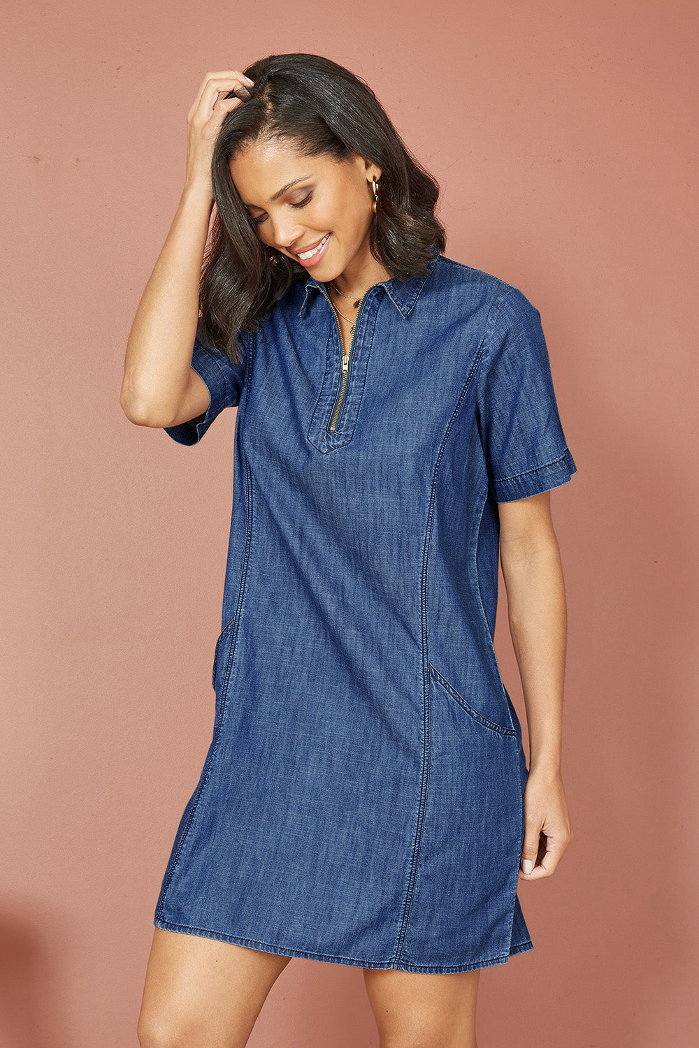 Yumi Blue Cotton Chambray Tunic With Zip Neckline Yumi