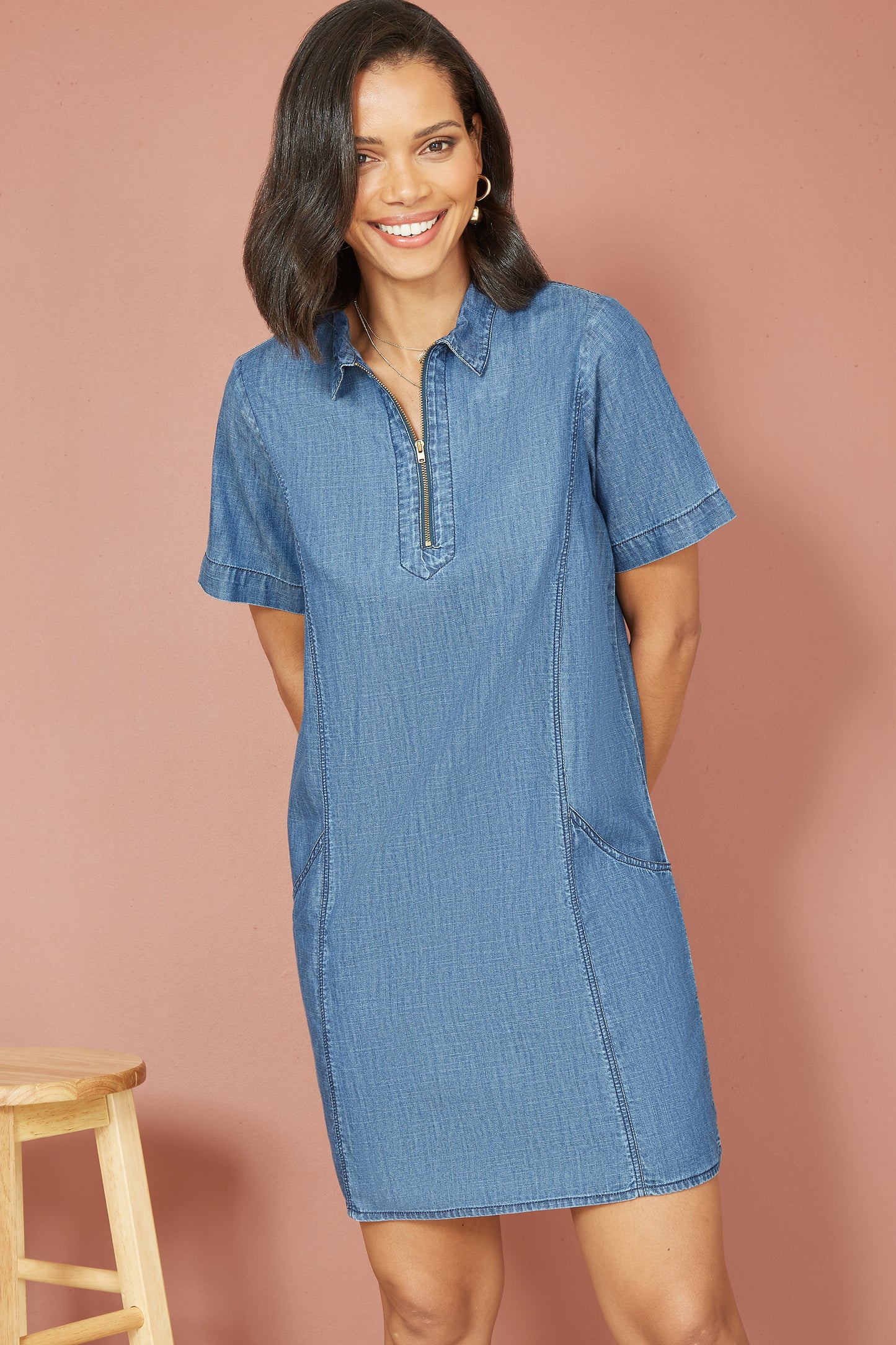 Yumi Blue Cotton Chambray Tunic With Zip Neckline Yumi