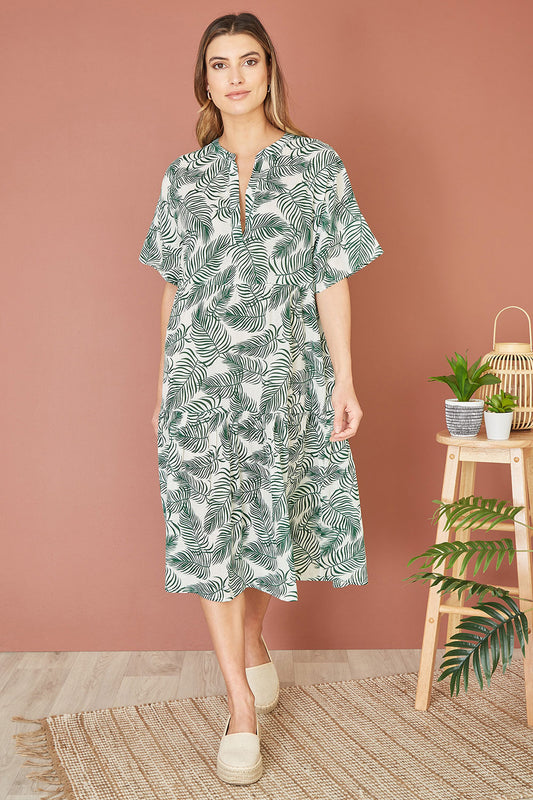 Yumi Green Organic Cotton Palm Print Tiered Tunic Dress Yumi