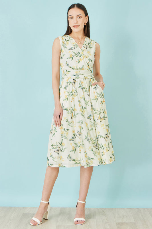 Yumi White Floral Print Mesh Stretch Midi Dress With Pockets Dress Occasion Yumi