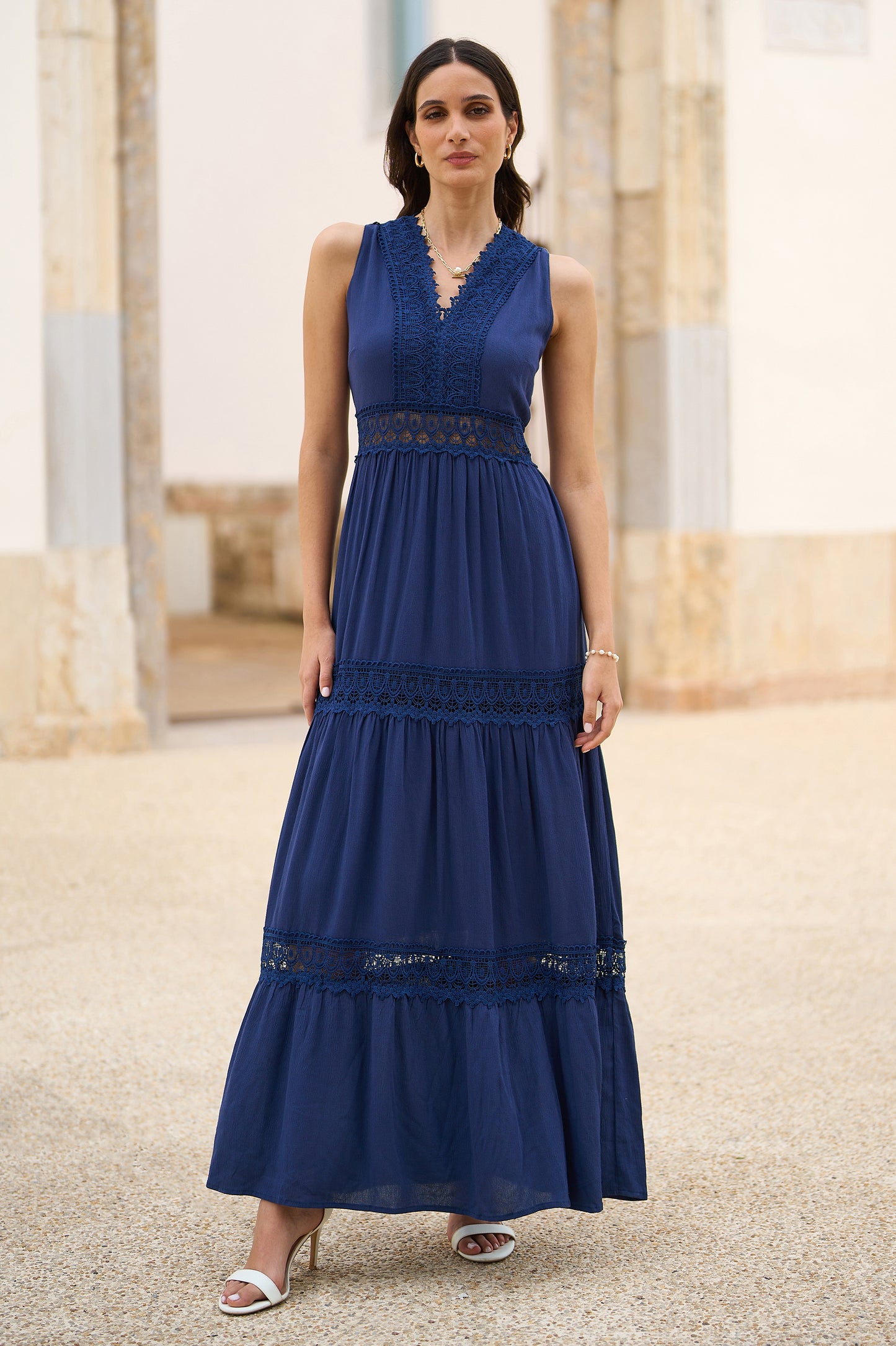 Yumi Navy Lace Trim Cotton Midi Sun Dress DRES Day Yumi