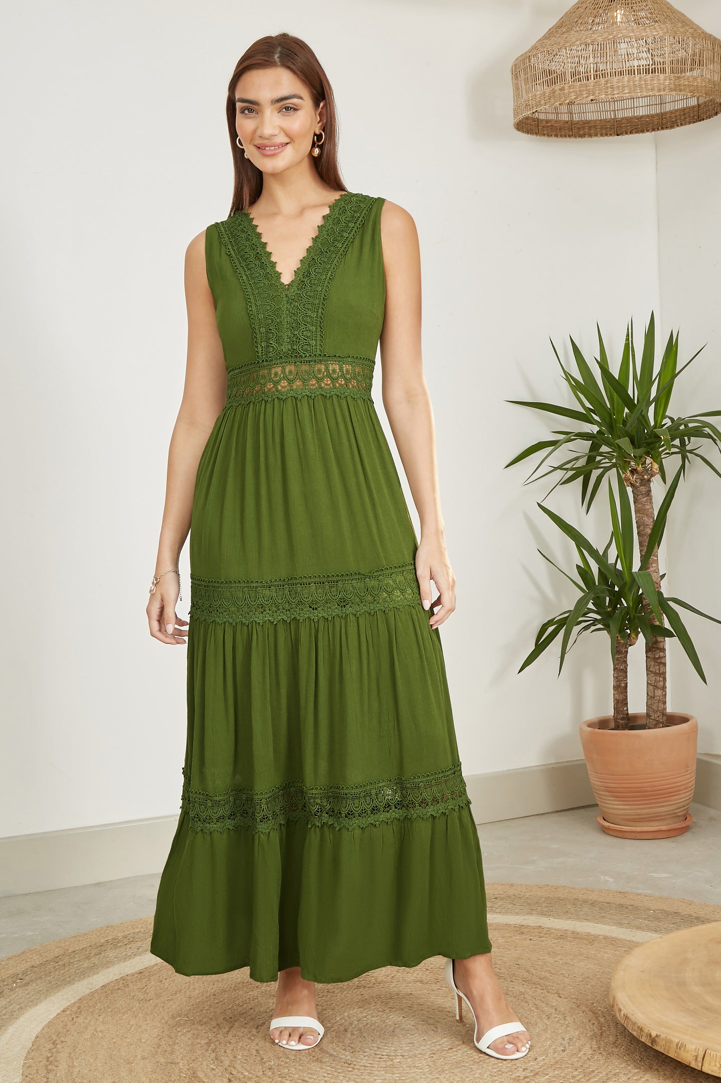Yumi Green Lace Trim Cotton Midi Sun Dress DRES Day Yumi