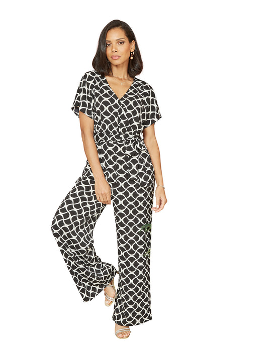 Yumi Black Geometric Print Wrap Jumpsuit Yumi