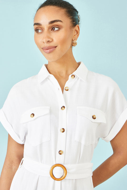Yumi White Viscose Linen Look Midi Shirt Dress With Wooden Belt