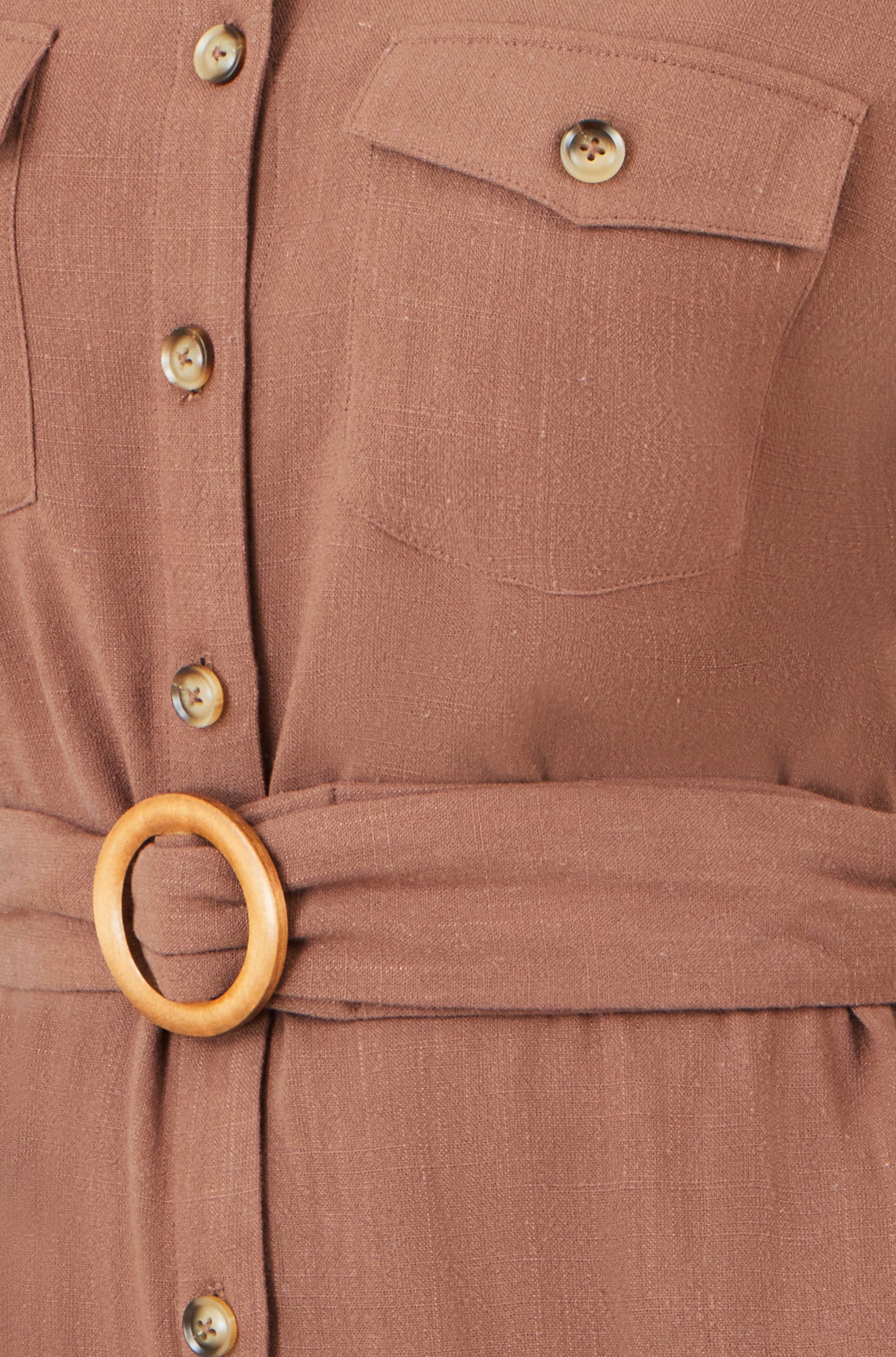 Yumi Brown Viscose Linen Look Midi Shirt Dress With Wooden Belt Dress Casual Yumi