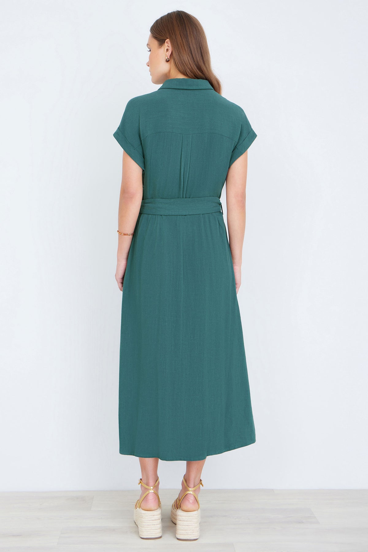 Yumi Green Viscose Linen Look Midi Shirt Dress With Wooden Belt Dress Casual Yumi