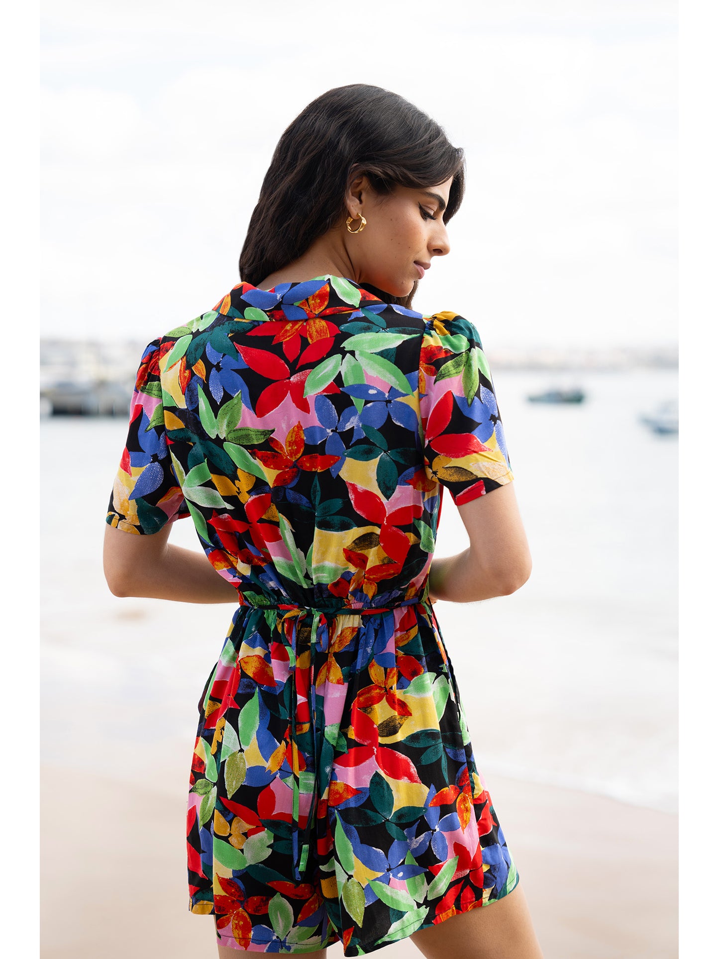 Yumi Multicolour Tropical Leaf Print Playsuit Yumi