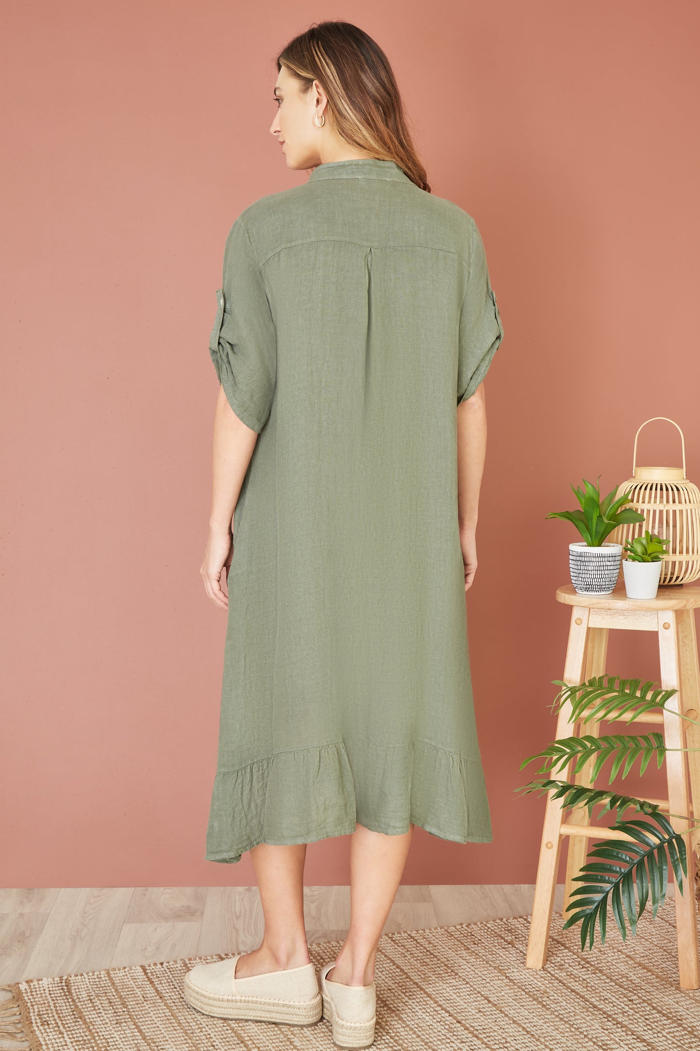 Yumi Khaki Italian Linen Shirt Dress With Frill Hem Yumi