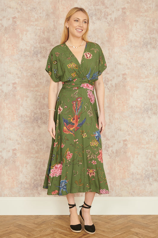 Yumi Green Bird and Floral Print Ruched Waist Kimono Midi Dress DRES Day Yumi