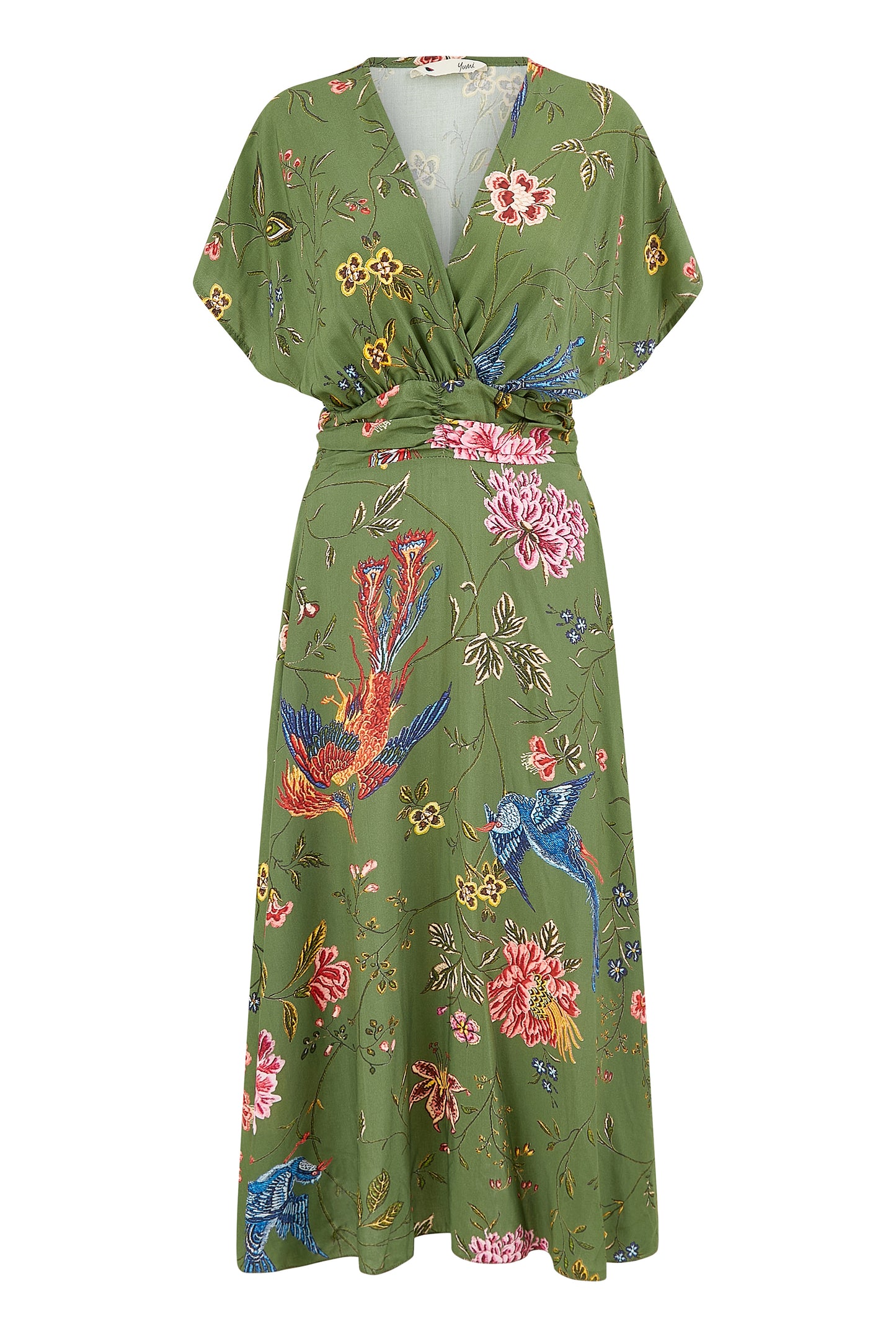 Yumi Green Bird and Floral Print Ruched Waist Kimono Midi Dress DRES Day Yumi