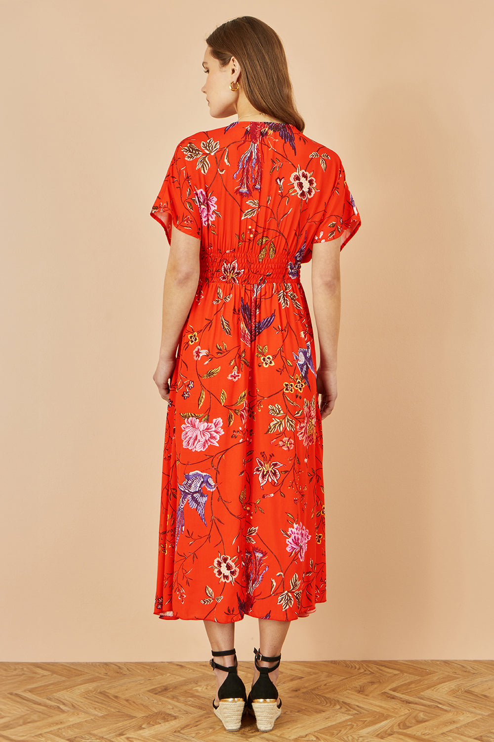 Yumi Orange Viscose Bird and Floral Print Kimono Midi Dress DRES Day Yumi