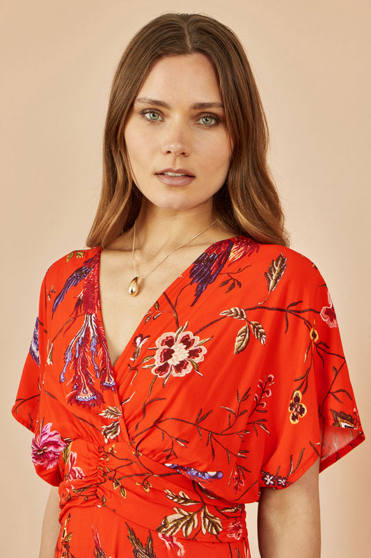 Yumi Orange Viscose Bird and Floral Print Kimono Midi Dress DRES Day Yumi
