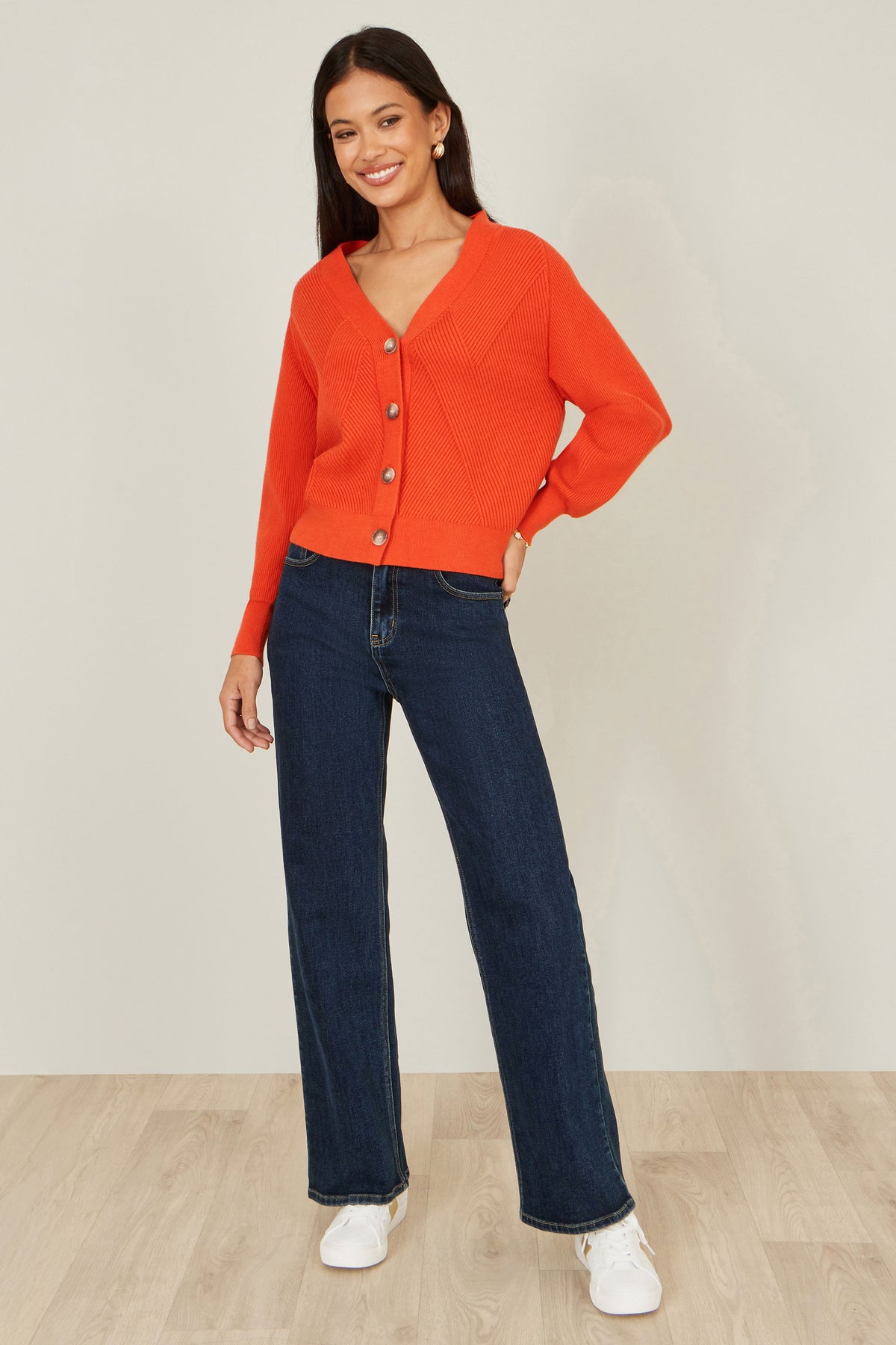 Yumi Orange Relaxed Fit Cardigan With Stitch Detail Knit Cardigan Yumi