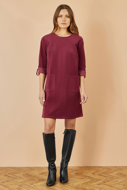 Yumi Burgundy Cord Tunic Dress With 3/4 Sleeves And Pockets Dress Casual Yumi