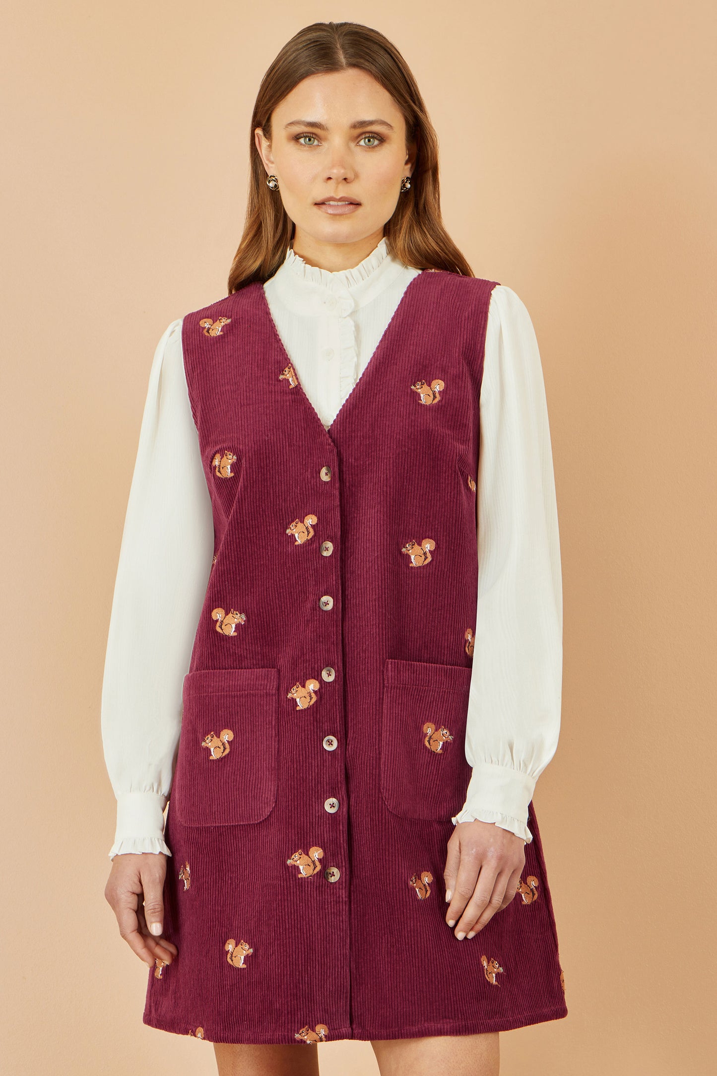 Yumi Burgundy Squirrel Embroidered Button Up Pinafore Dress Dress Casual Yumi