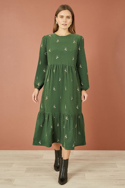 Yumi Green Long Sleeve Midi Dress With Floral Embroidery Yumi