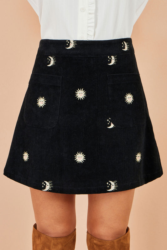 Yumi Black Cosmic Embroidered Mini Skirt SKIRT Yumi