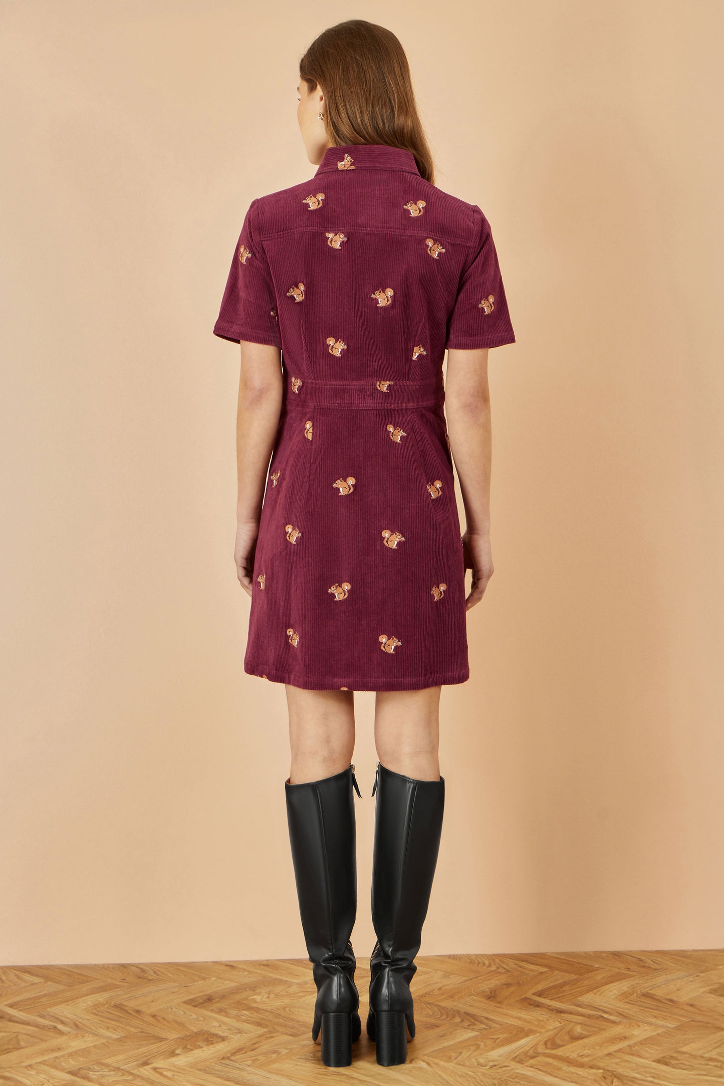Yumi Burgundy Cord Shirt Dress With All Over Squirrel Embroidery Dress Casual Yumi