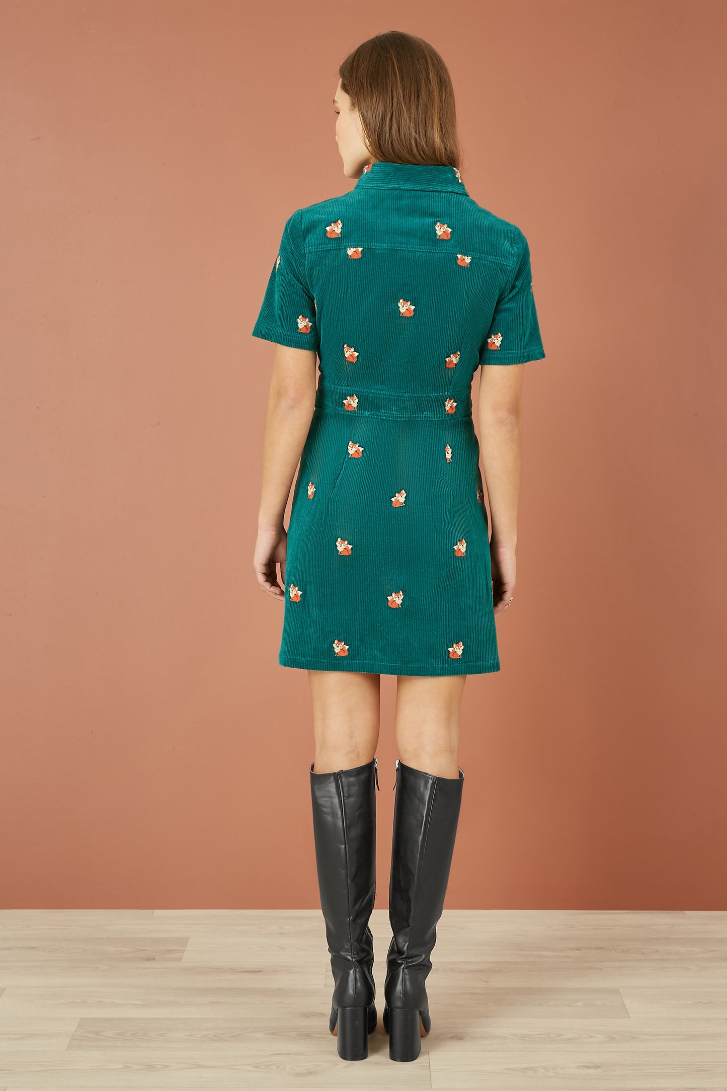 Yumi Teal Cord Shirt Dress With All Over Fox Embroidery Yumi